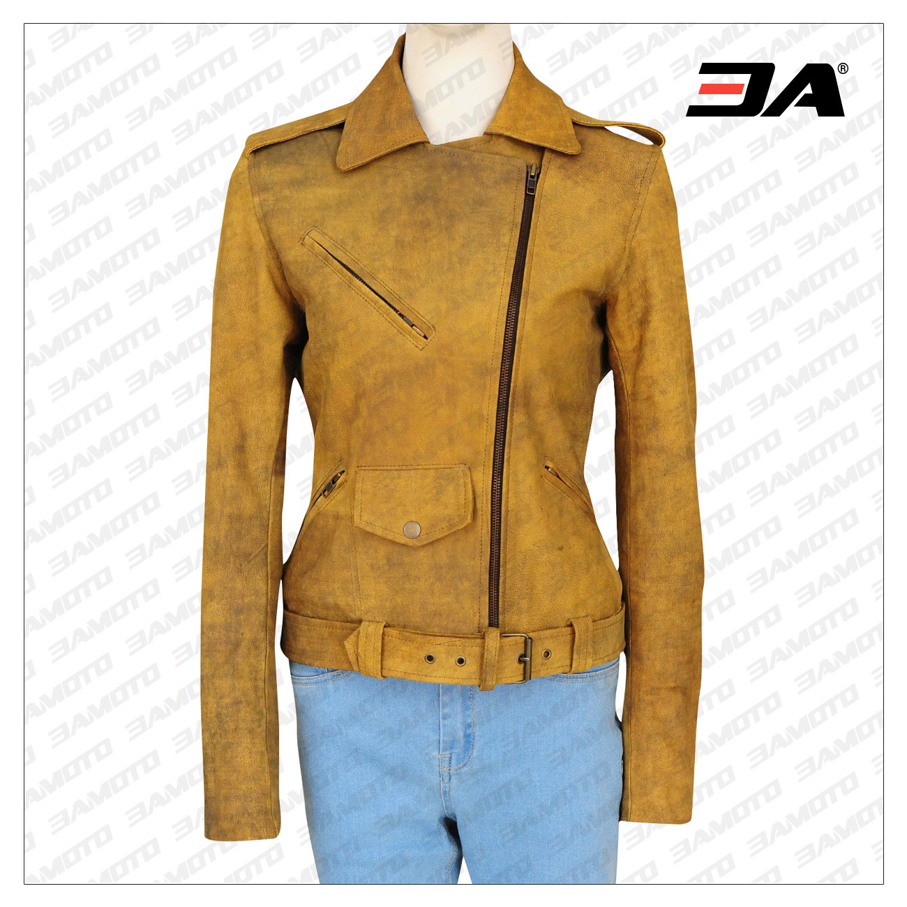 Durable Distressed Leather Jacket: The Women's Distressed Brown Leather Jacket laid flat, emphasizing the durable leather and unique distressed finish that makes it stand out.