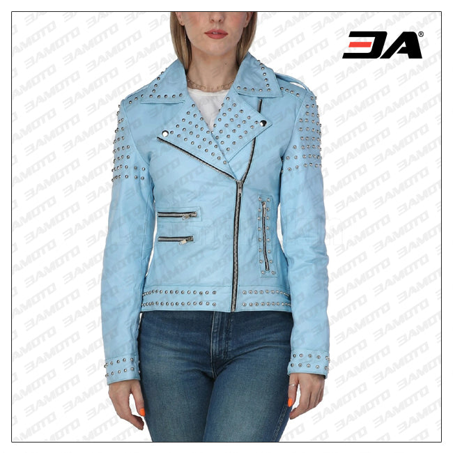 WOMEN SKY BLUE STUDDED LEATHER JACKET