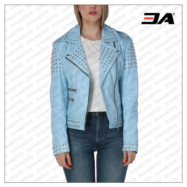 BUY WOMEN SKY BLUE STUDDED LEATHER JACKET