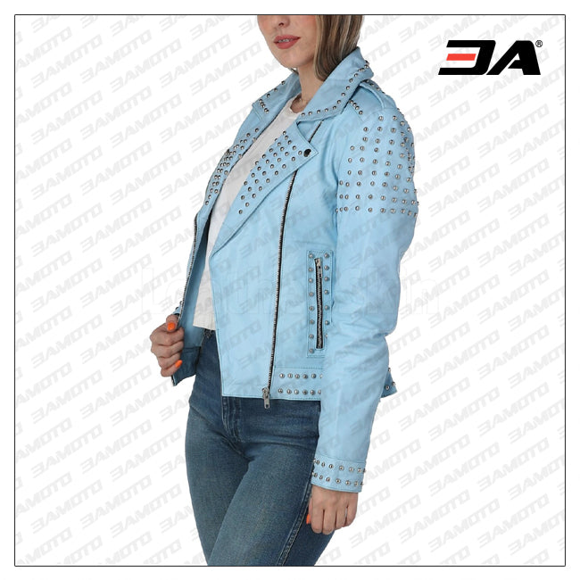 WOMEN SKY BLUE STUDDED LEATHER JACKET FOR SALE