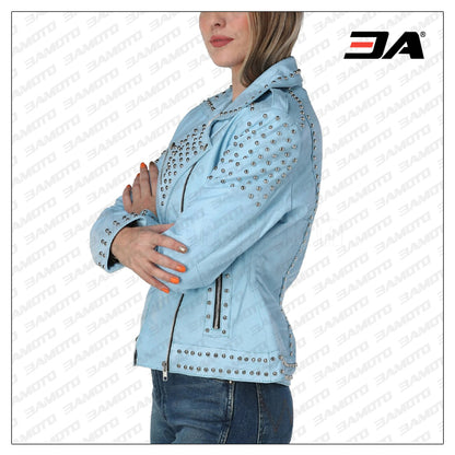 CHEAP WOMEN SKY BLUE STUDDED LEATHER JACKET