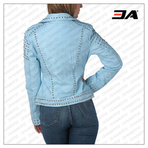 WOMEN SKY BLUE STUDDED LEATHER JACKET DISCOUNT PRICE