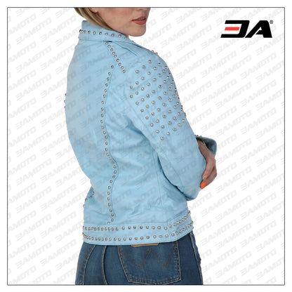 Shop WOMEN SKY BLUE STUDDED LEATHER JACKET