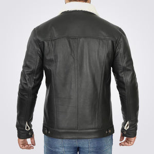 White Shearling Black Leather Trucker Jacket