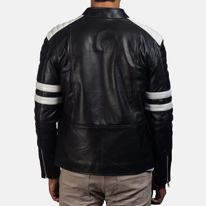 White Stripes Biker Style Black Leather Jacket Mens