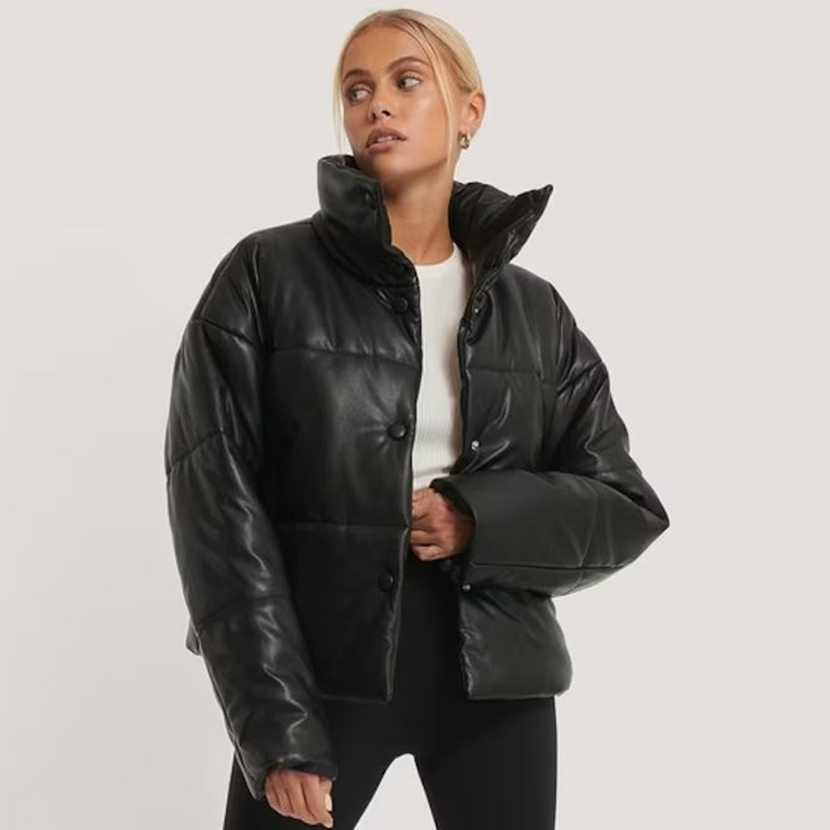 Women Black Leather Padded Jacket - Buy Puffer Jacket Womens