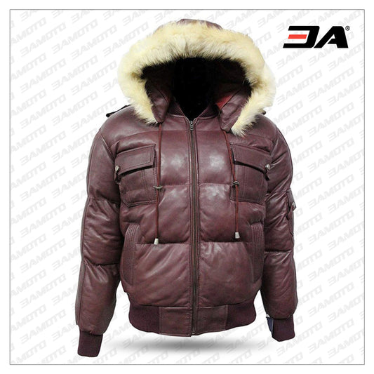 Winter Warm Pilot 6 Puffer Men's Hooded Bomber Real Lambskin Leather Jacket, perfect for cold weather. - Fashion Leather Jackets USA - 3AMOTO