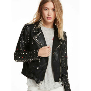 Women Asymmetrical Studded Leather Biker Jacket