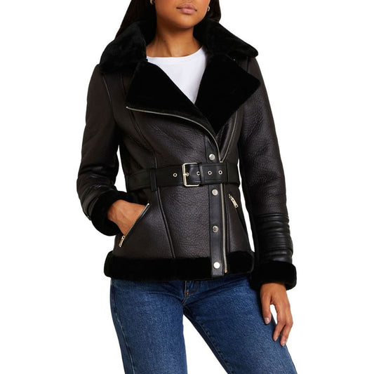 Women B3 Shearling Leather Coat in Black - Fashion Leather Jackets USA - 3AMOTO