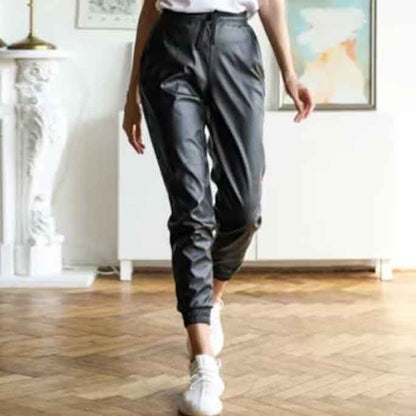 Women Black Leather Boyfriend Fit Pants