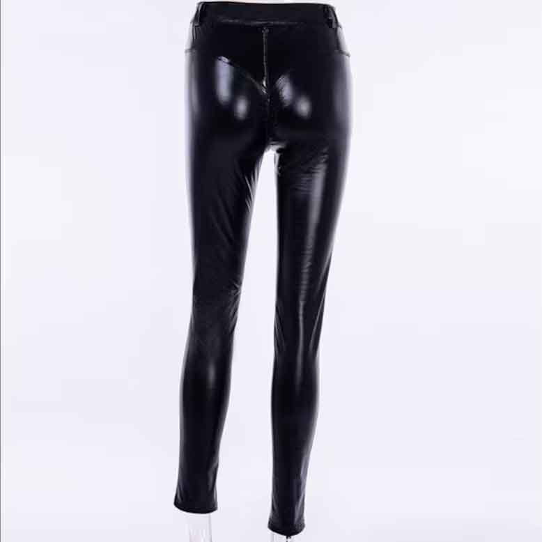 Women Black Leather Fitted Pants