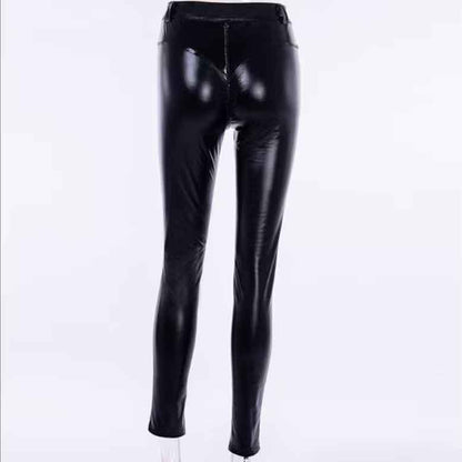 Women Black Leather Fitted Pants