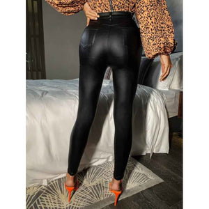 Women Black Leather High Waisted Skinny Pants