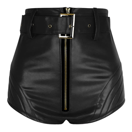 Women Black Leather Hot Shorts with Zipper - Fashion Leather Jackets USA - 3AMOTO