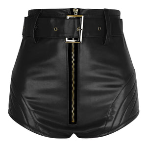 Women Black Leather Hot Shorts with Zipper