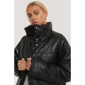 Women Black Leather Padded Jacket