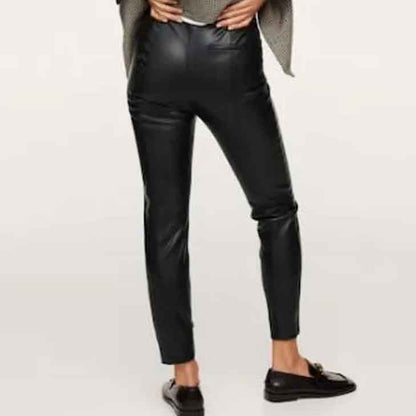 Women Black Leather Pants with Split Hem