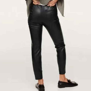 Women Black Leather Pants with Split Hem