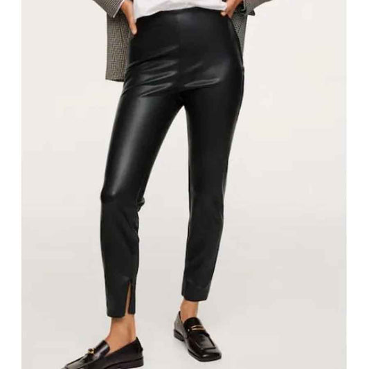 Women Black Leather Pants with Split Hem - Fashion Leather Jackets USA - 3AMOTO