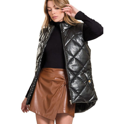 Women Black Leather Puffer Vest