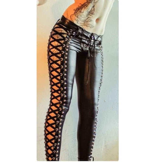 Women Black Leather Side Lace up Pants - Fashion Leather Jackets USA - 3AMOTO