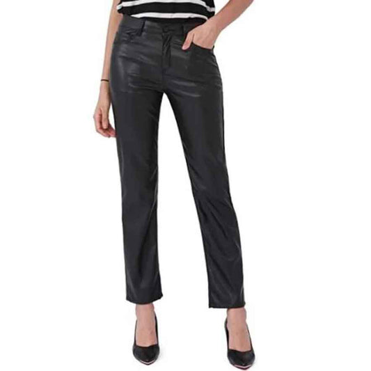 Women Black Leather Straight Pants - Fashion Leather Jackets USA - 3AMOTO