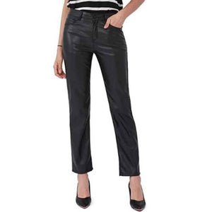 Women Black Leather Straight Pants