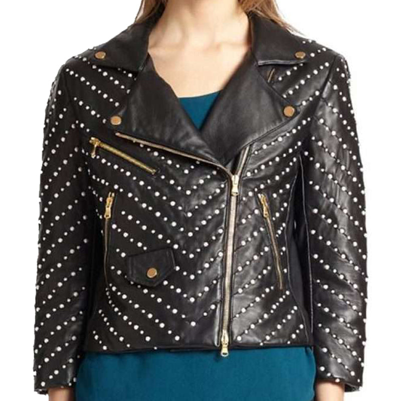 Women Black Leather Studded Double Zipper Jacket