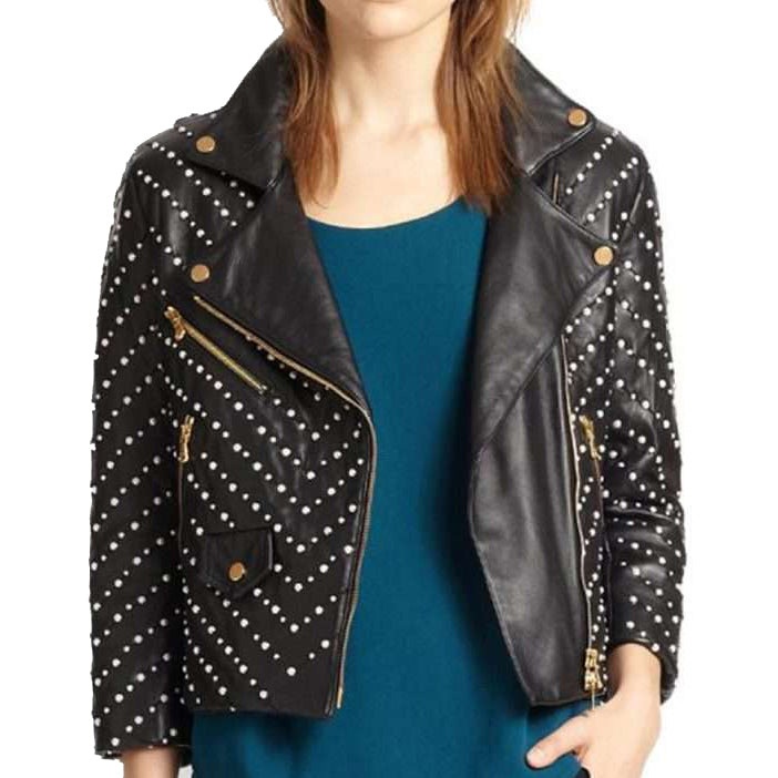 Women Black Leather Studded Double Zipper Jacket