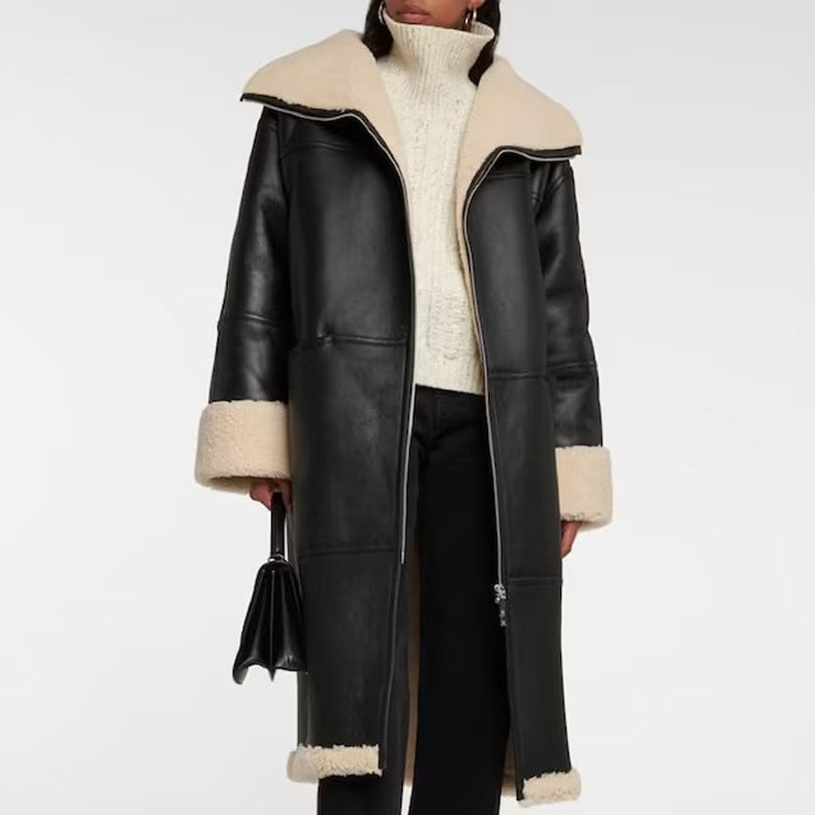 Women Black Sheepskin Shearling Coat Style Leather Duster