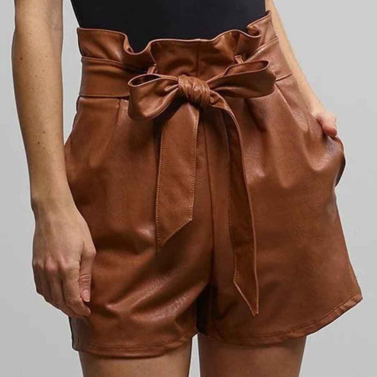 Women Brown Leather Shorts - Fashion Leather Jackets USA - 3AMOTO