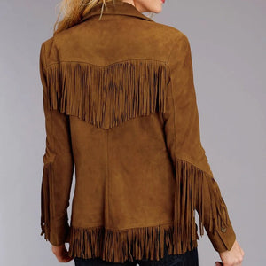 Women Brown Suede Leather Fringe Jacket