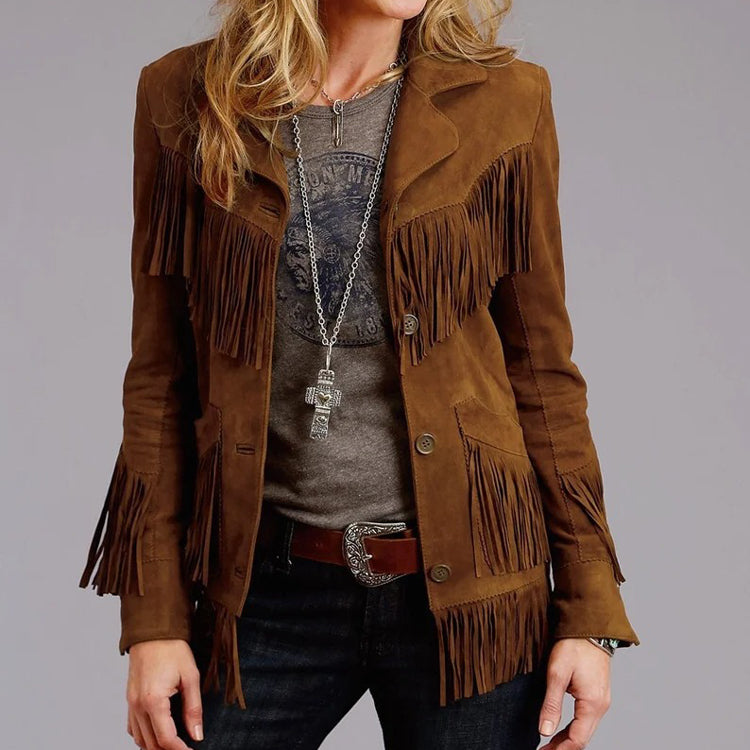 Women Brown Suede Leather Fringe Jacket