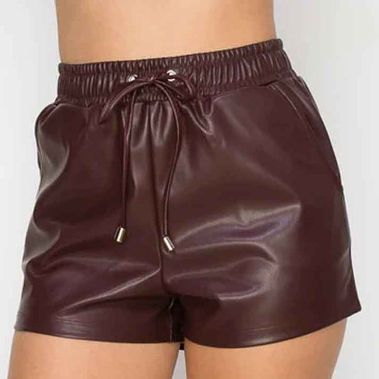 Women Burgundy High Rise Waist Leather Shorts - Fashion Leather Jackets USA - 3AMOTO