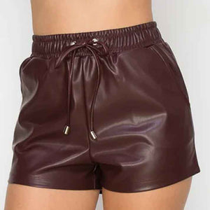 Women Burgundy High Rise Waist Leather Shorts