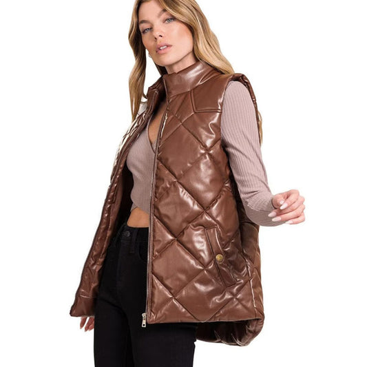 Women Chocolate Leather Puffer Vest - Fashion Leather Jackets USA - 3AMOTO