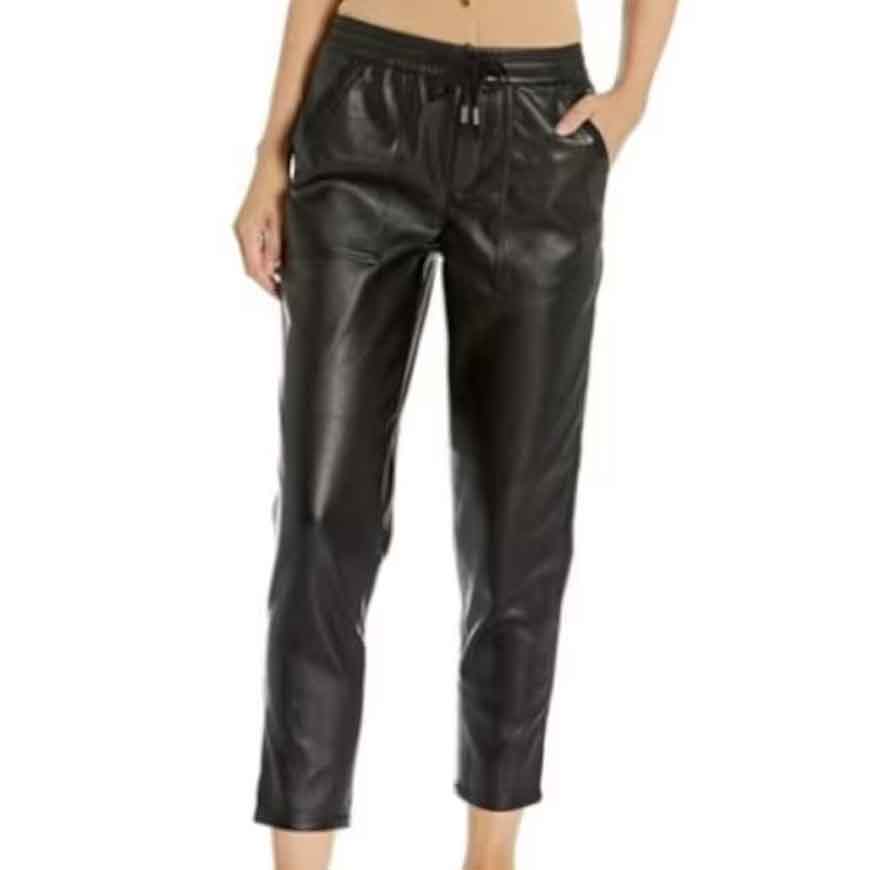 Women Drawstring Black Leather Jogger Pants