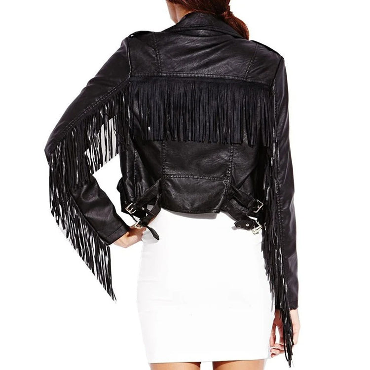 Women Fringed Black Biker Leather Jacket