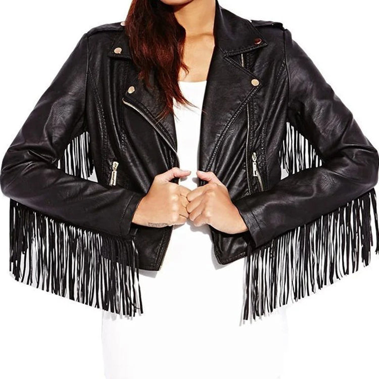 Women Fringed Black Biker Leather Jacket