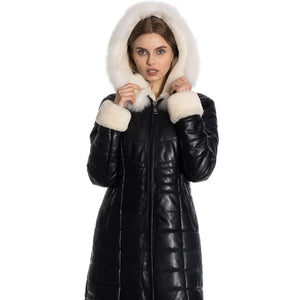 Women Genuine Leather Puffer Coat in Black with Fur Collar