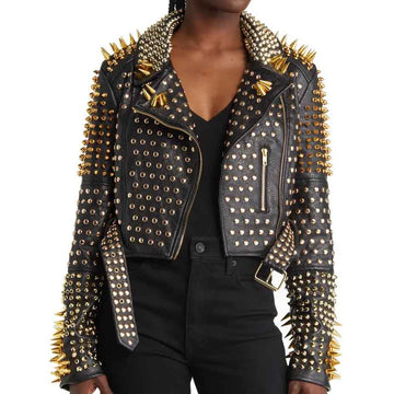 Womens MODA INTERNATIONAL gold Metallic studded Leather bomber Jacket.  Large Euc