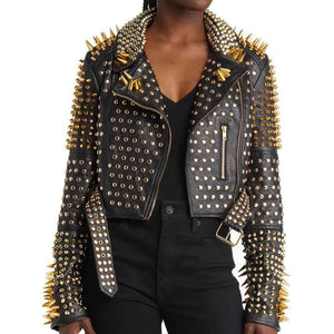 Women Gold Studded Leather Moto Jacket