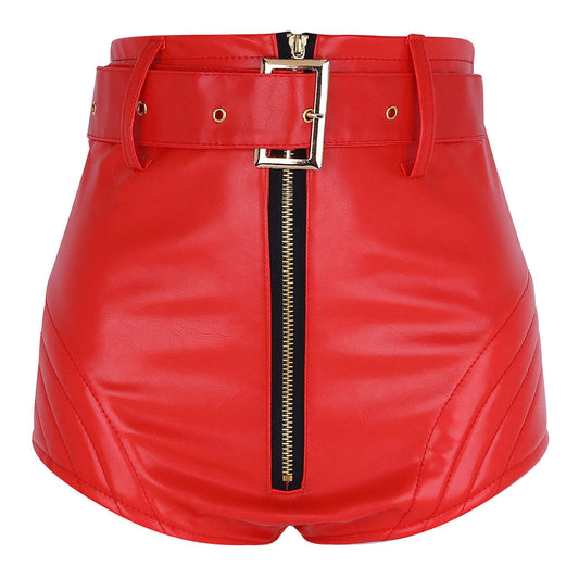 Women High Waist Red Leather Shorts with Belt - Fashion Leather Jackets USA - 3AMOTO