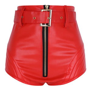 Women High Waist Red Leather Shorts with Belt