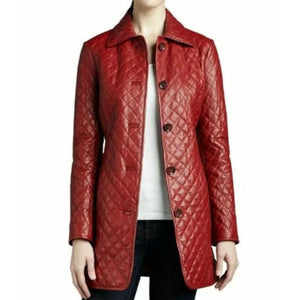 Women Leather Overcoat Red