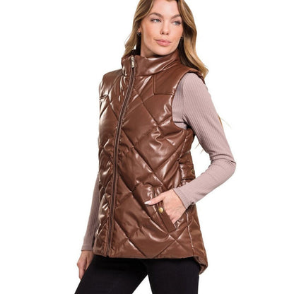 Women Leather Puffer Vest