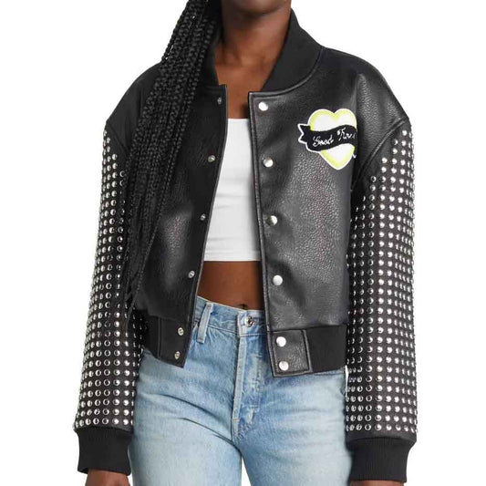 Women Leather Varsity Bomber Jacket with Sleeve Studs - Fashion Leather Jackets USA - 3AMOTO