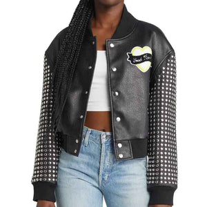 Women Leather Varsity Bomber Jacket with Sleeve Studs