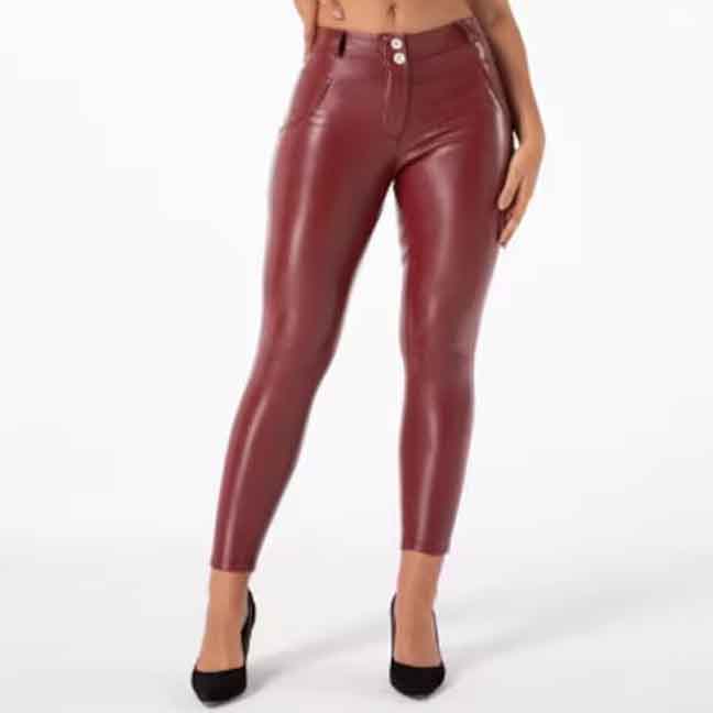 Buy EDC women regular fit solid faux leather pants maroon Online