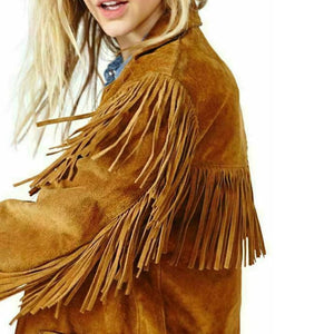 Women Native American Western Suede Leather Fringed Coat
